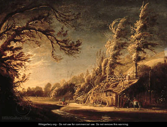 A wooded landscape with peasants and a donkey before a cottage - (after) Jacob Van Geel