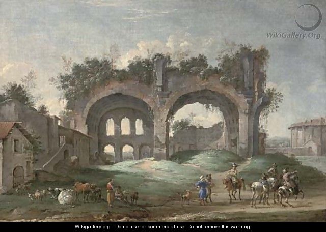 A classical Roman capriccio with travellers near the Temple of Vesta and other ruins - (after) Jacob Van Der Ulft