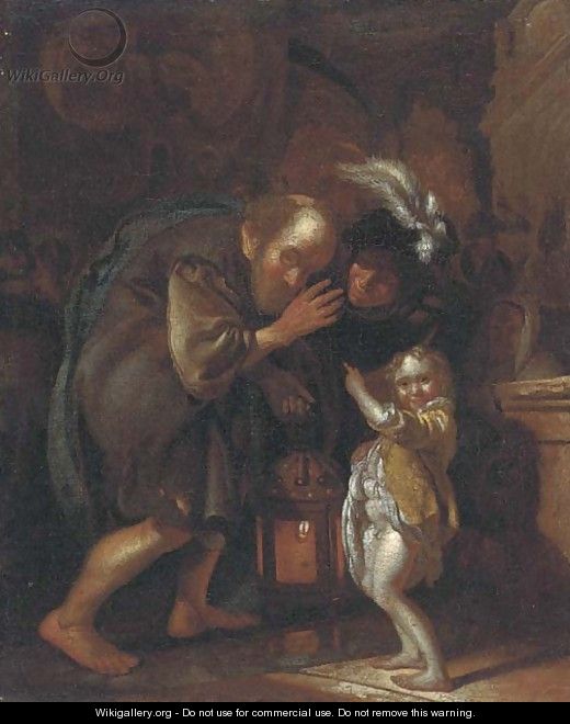 An old man holding a lantern, with a woman and child in an interior - (after) Jacob Toorenvliet