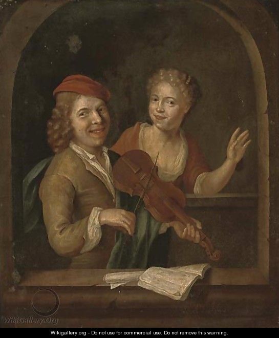 A couple at a casement, the gentleman playing the violin - (after) Jacob Toorenvliet