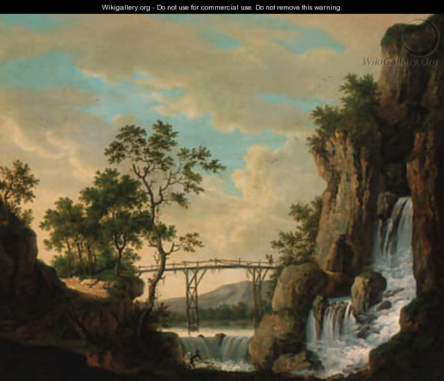A river landscape with a fisherman before a waterfall, a traveller traversing a bridge beyond - (after) Jakob Philippe Hackert