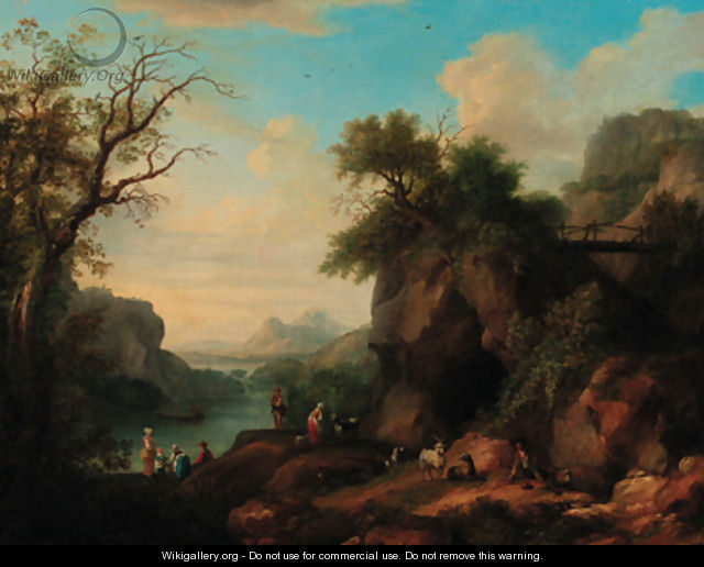 A mountainous wooded river landscape with a goatherd and flock, peasant women in the foreground - (after) Jakob Philippe Hackert
