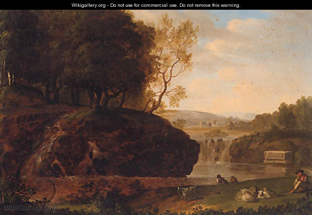 A river landscape with a shepherd resting on a bank - (after) Jakob Philippe Hackert