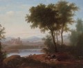An Italianate river landscape with a drover playing a flute, his cattle on a track, a fisherman beyond - (after) Jacob Philipp Hackert