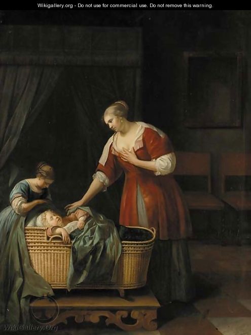 A mother watching over her sleeping baby, with her sister, in an interior - (after) Jacob Ochtervelt
