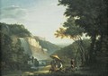 View of the Falls at Tivoli and the Villa of Maecenas, an artist sketching and sportsmen in the foreground - (after) Jacob More