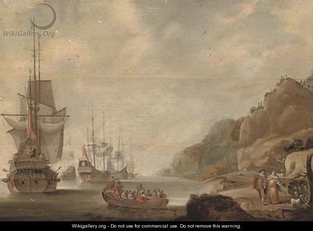 The Dutch fleet lying off a rocky shore with an officer being rowed out - (after) Jacob Knyff