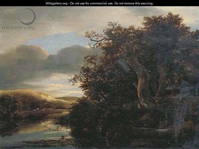 A wooded river landscape with travellers on a path - (after) Isaak Van Ruisdael