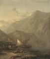 Mountainous lake landscape with figures and boats in the foreground and a villa beyond - (after) James Baker Pyne
