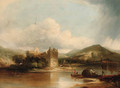Figures boating on a lake, a ruined castle beyond - (after) James Baker Pyne