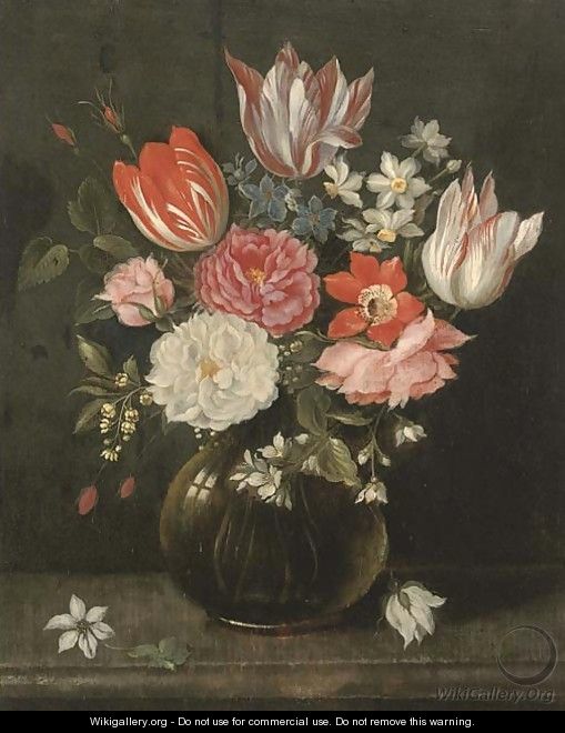 Parrot tulips, narcissi, roses, anemones and other flowers in a glass vase on a stone ledge - (after) Jakob Marrel