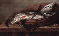 Dead fish in a bowl on a table with a dead frog - (after) Jakob Gillig