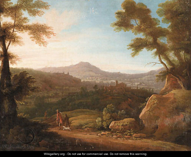 Italianate Landscapes with Hunters at Sunrise and Sunset - (after) Jacques D