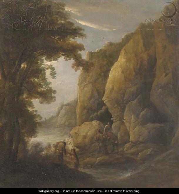 A mountain gorge with travellers on a path - (after) Jacques D