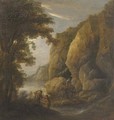 A mountain gorge with travellers on a path - (after) Jacques D' Arthois