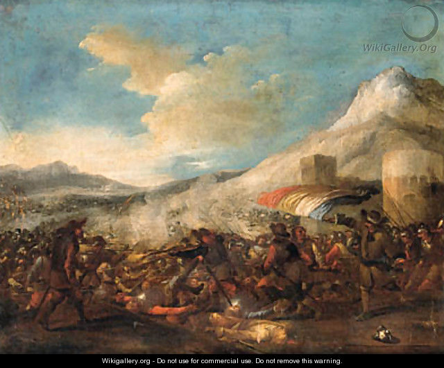 An Infantry Battle in a mountainous Landscape - (after) Jacques (Le Bourguignon) Courtois