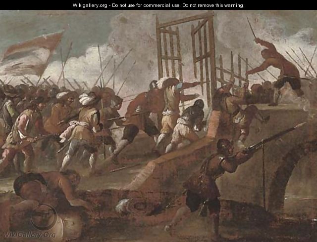 A battle on a bridge - (after) Jacques (Le Bourguignon) Courtois