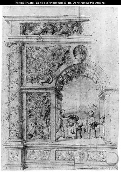 Putti harvesting Grapes from a Vine under an Arch decorated with a Bust of a Woman - (after) Giulio Pippi, Called Giulio Romano