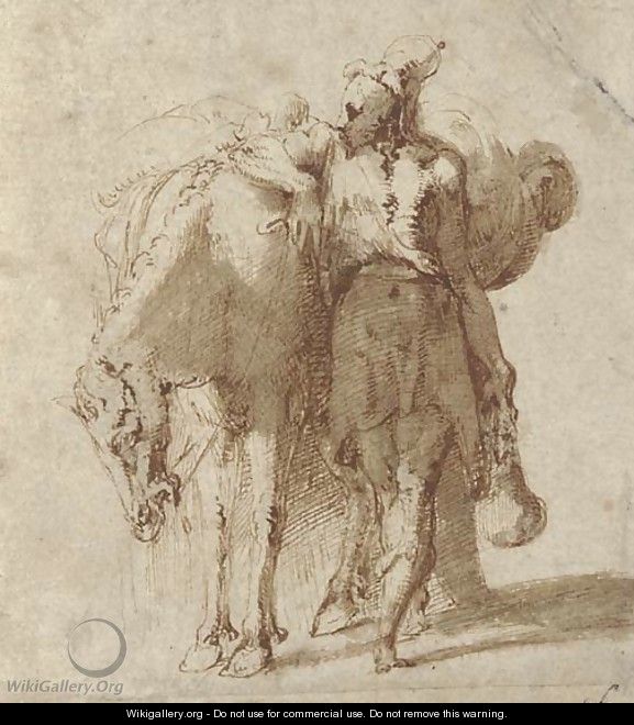 A man leaning against a laden horse - (after) Girolamo Francesco Maria Mazzola (Parmigianino)