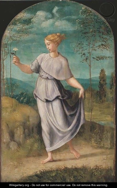 A young woman holding a flower with an extensive landscape beyond - (after) Girolamo Da Carpi