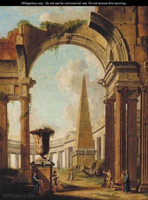 A capriccio of Roman ruins with a soldier and other figures - (after) Giovanni Paolo Panini
