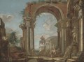 A capriccio of classical ruins with soldiers and other figures conversing by the equestrian statue of Marcus Aurelius - (after) Giovanni Paolo Panini