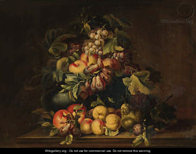 Peaches, plums, grapes, pears and limes in an urn with other fruit on a ledge - (after) Giovanni Paolo Castelli, Called Spadino