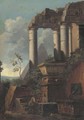 Classical ruins and a pyramid with figures conversing - (after) Giovanni Ghisolfi