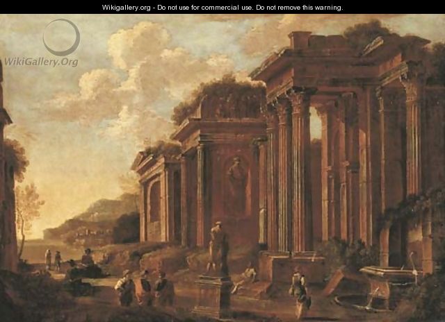 An architectural capriccio with figures by a statue and a fountain - (after) Giovanni Ghisolfi