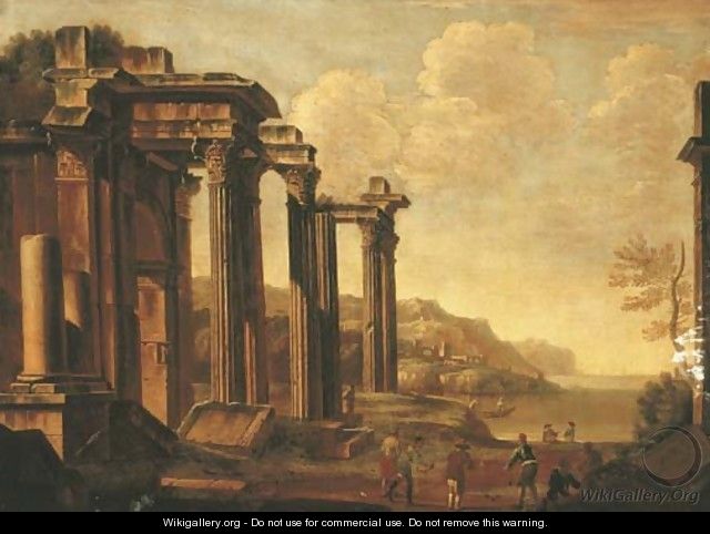 An architectural capriccio with figures by a cove - (after) Giovanni Ghisolfi