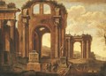 An architectural capriccio with figures amongst ruins - (after) Giovanni Ghisolfi