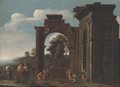 A capriccio of Roman ruins with classical figures adorning a shrine to Ceres - (after) Giovanni Ghisolfi