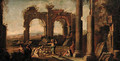 A capriccio of classical ruins with Christ at the Pool of Bethesda - (after) Giovanni Ghisolfi