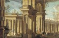 A capriccio of a classical palace with elegant figures - (after) Giovanni Ghisolfi