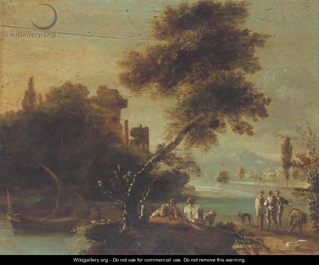 A wooded river landscape with figures resting by a river bank, classical ruins beyond - (after) Giovanni De Momper