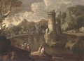 A mountainous landsape with a caravan crossing a turretted bridge, anglers in the foreground - (after) Giovanni De Momper