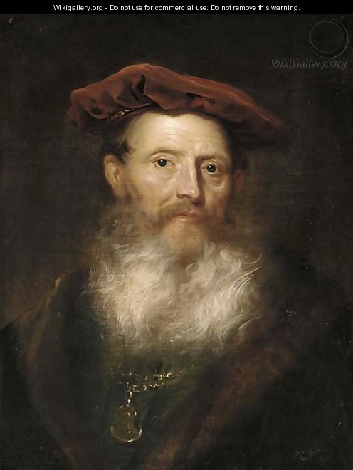 Portrait of a bearded man, bust-length, in a fur-trimmed black coat and a velvet cap - (attr. to) Flinck, Govaert