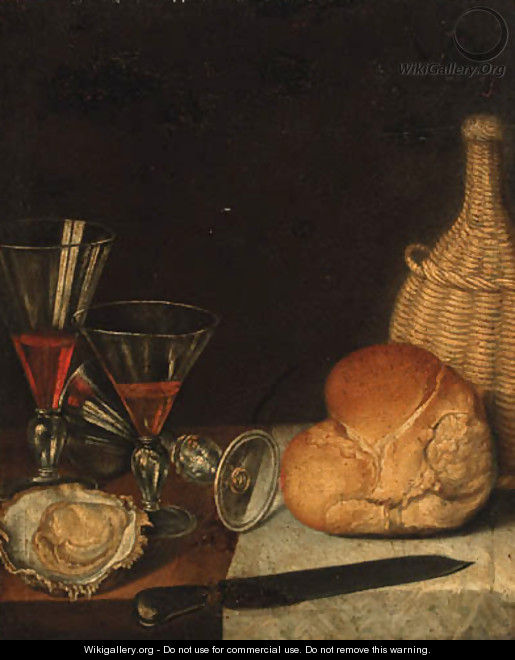 Wine glasses, an oyster, a loaf of bread, a wine bottle and a knife on a partially draped table - (after) Gotthardt Von Wedig