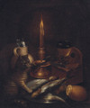 A cat pawing fish on a pewter plate by a stoneware ewer, a knife, a roemer and a candle - (after) Godfried Wedig