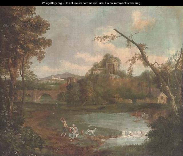 An extensive landscape with figures by a lake, a bridge and temple beyond - (after) Giuseppe Zais