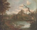 An extensive landscape with figures by a lake, a bridge and temple beyond - (after) Giuseppe Zais