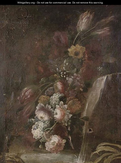 Flowers by a waterfall in a garden - (after) Giuseppe Lavagna