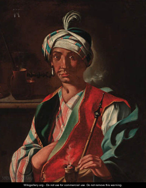 An Oriental man, in a plumed turban, smoking a hookah - (after) Giuseppe Bonito