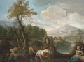A landscape with farm labourers on a track, a lakeside town beyond - (after) Giuseppe Bernardino Bison