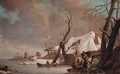 A winter landscape with faggot gatherers on a frozen waterway by a cottage - (after) Hendrick Willem Schweickardt