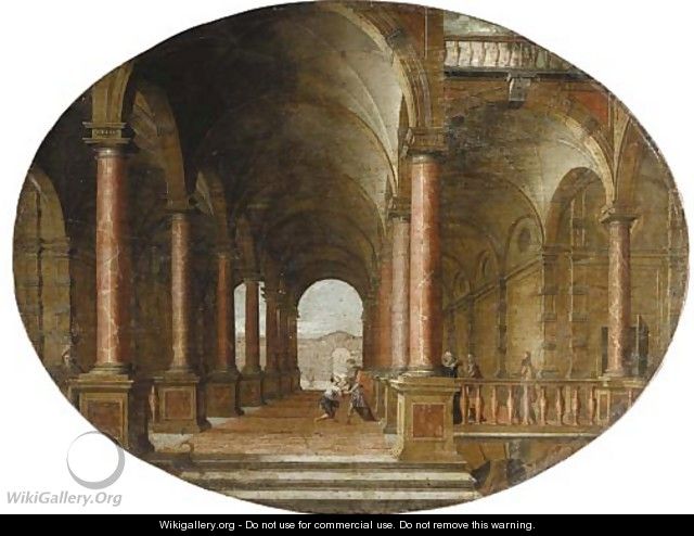 A classical portico with the Return of the Prodigal Son - (after) Hendrick Van Steenwyck II