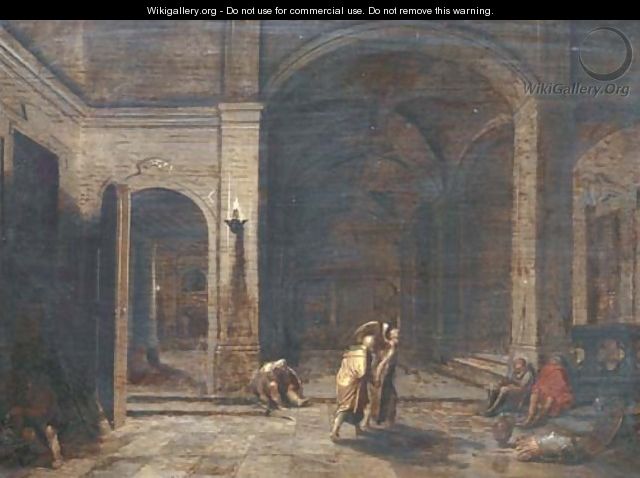 The interior of a crypt by night with the Liberation of Saint Peter - (after) Hendrick Van Steenwijk