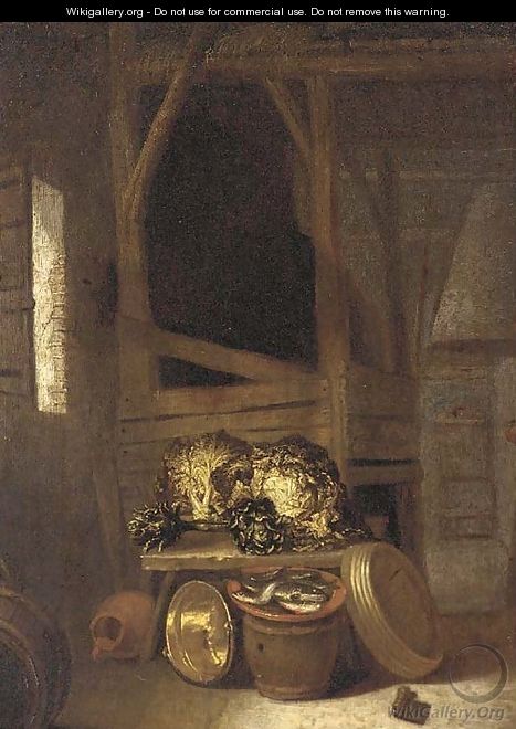 Artichokes, cabbages, a plate of fish, a copper pot and barrels in a barn interior - (after) Hendrick Maertensz. Sorch (see Sorgh)