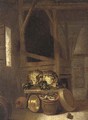 Artichokes, cabbages, a plate of fish, a copper pot and barrels in a barn interior - (after) Hendrick Maertensz. Sorch (see Sorgh)