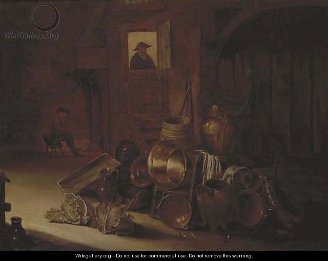 A stable interior with kitchen utensils and vegetables in the foreground - (after) Hendrick Maertensz. Sorch (see Sorgh)